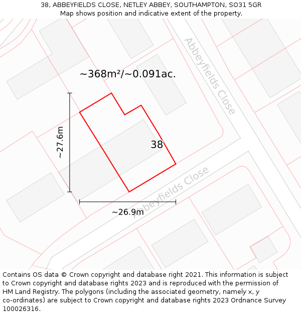 38, ABBEYFIELDS CLOSE, NETLEY ABBEY, SOUTHAMPTON, SO31 5GR: Plot and title map