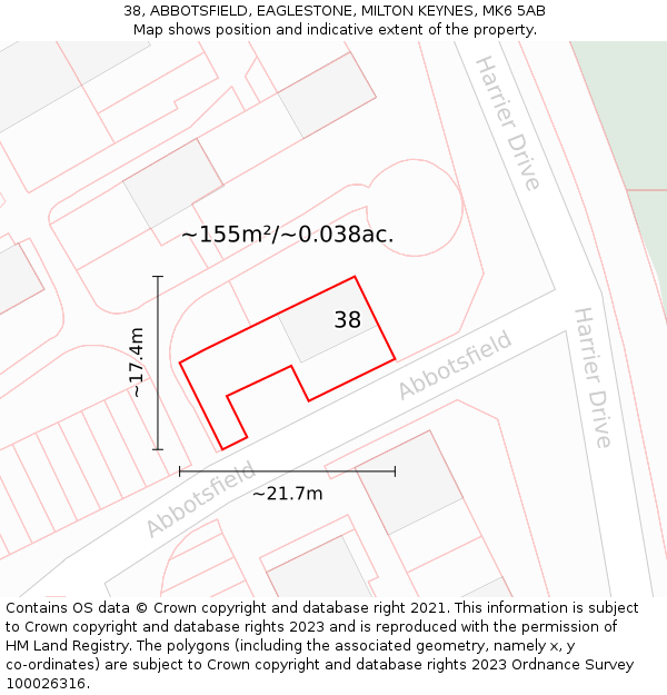 38, ABBOTSFIELD, EAGLESTONE, MILTON KEYNES, MK6 5AB: Plot and title map