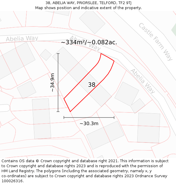 38, ABELIA WAY, PRIORSLEE, TELFORD, TF2 9TJ: Plot and title map