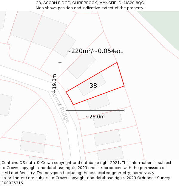 38, ACORN RIDGE, SHIREBROOK, MANSFIELD, NG20 8QS: Plot and title map
