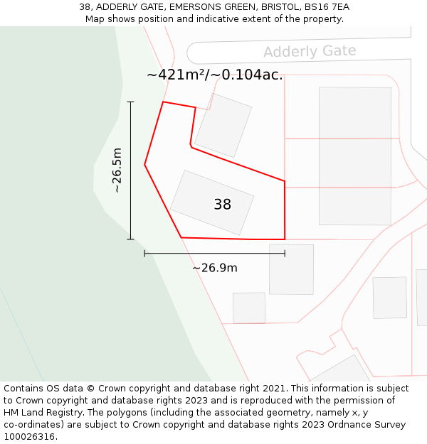 38, ADDERLY GATE, EMERSONS GREEN, BRISTOL, BS16 7EA: Plot and title map