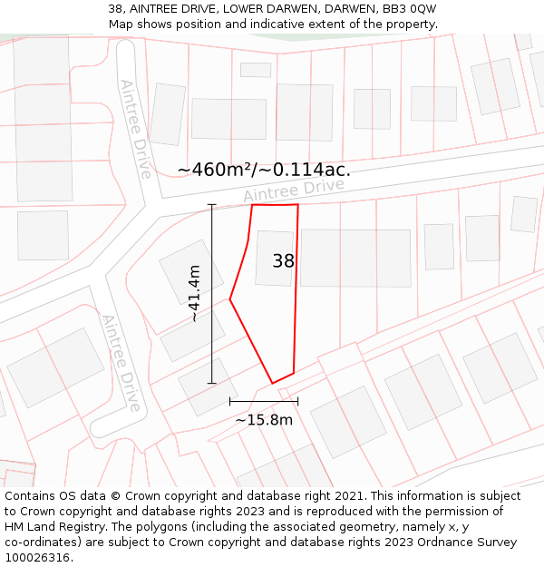 38, AINTREE DRIVE, LOWER DARWEN, DARWEN, BB3 0QW: Plot and title map