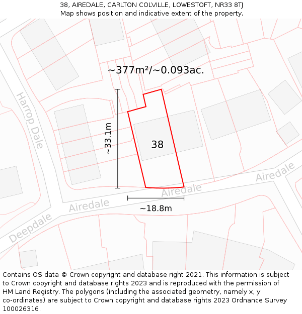 38, AIREDALE, CARLTON COLVILLE, LOWESTOFT, NR33 8TJ: Plot and title map