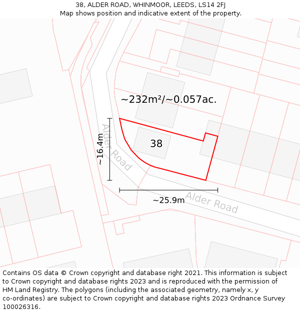 38, ALDER ROAD, WHINMOOR, LEEDS, LS14 2FJ: Plot and title map