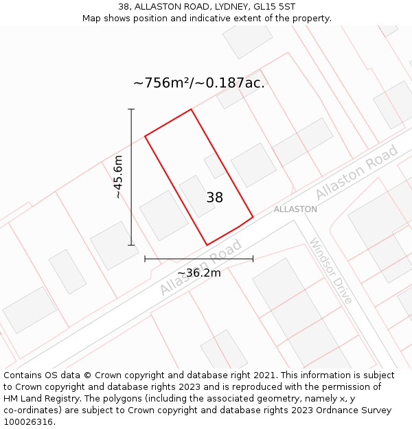 38, ALLASTON ROAD, LYDNEY, GL15 5ST: Plot and title map