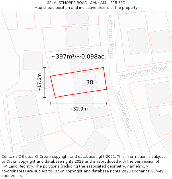 38, ALSTHORPE ROAD, OAKHAM, LE15 6FD: Plot and title map