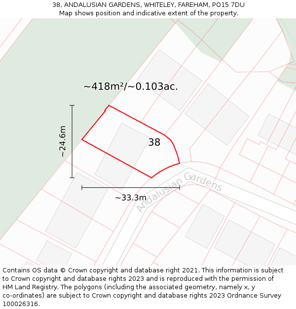 38, ANDALUSIAN GARDENS, WHITELEY, FAREHAM, PO15 7DU: Plot and title map
