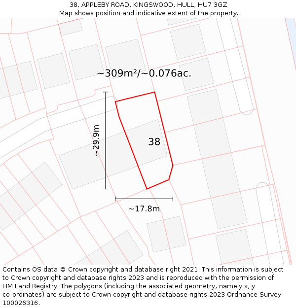 38, APPLEBY ROAD, KINGSWOOD, HULL, HU7 3GZ: Plot and title map