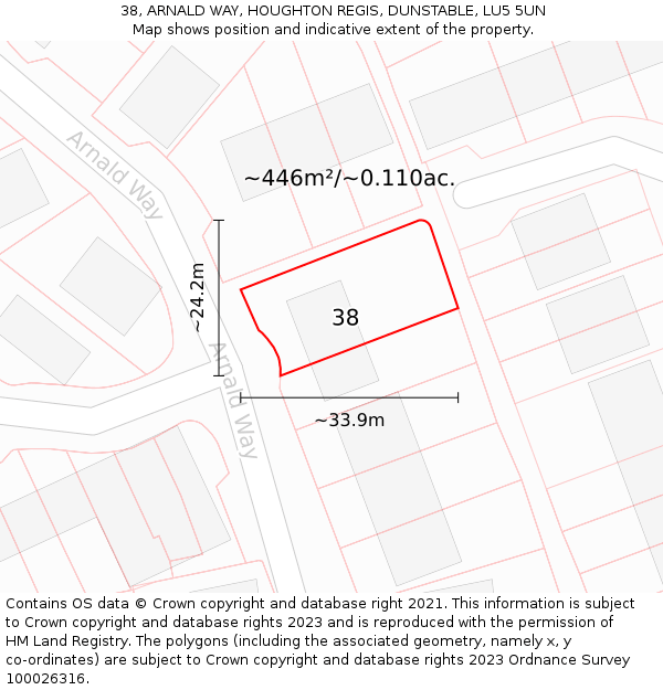 38, ARNALD WAY, HOUGHTON REGIS, DUNSTABLE, LU5 5UN: Plot and title map