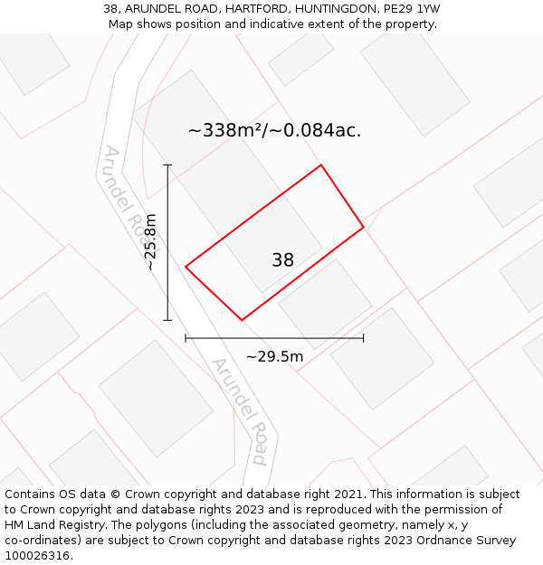38, ARUNDEL ROAD, HARTFORD, HUNTINGDON, PE29 1YW: Plot and title map