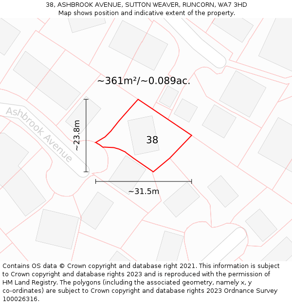 38, ASHBROOK AVENUE, SUTTON WEAVER, RUNCORN, WA7 3HD: Plot and title map