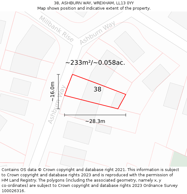 38, ASHBURN WAY, WREXHAM, LL13 0YY: Plot and title map