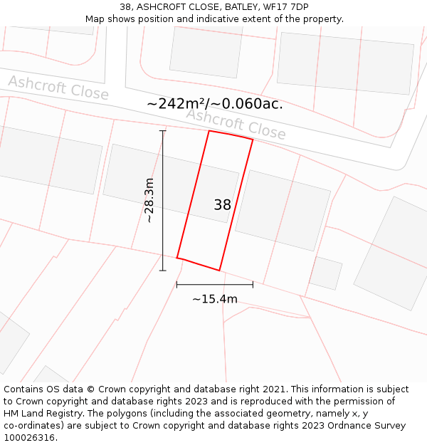 38, ASHCROFT CLOSE, BATLEY, WF17 7DP: Plot and title map