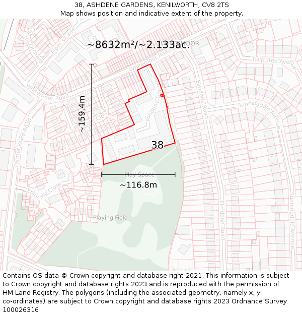 38, ASHDENE GARDENS, KENILWORTH, CV8 2TS: Plot and title map