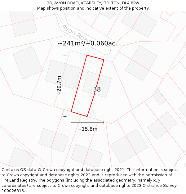 38, AVON ROAD, KEARSLEY, BOLTON, BL4 8PW: Plot and title map
