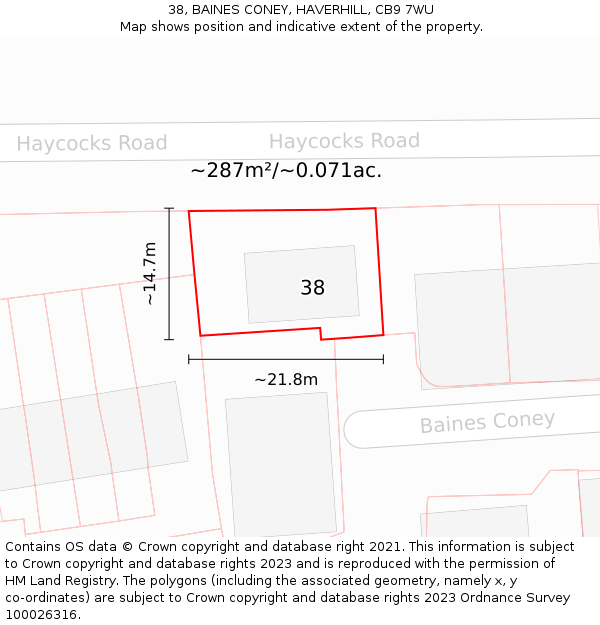 38, BAINES CONEY, HAVERHILL, CB9 7WU: Plot and title map