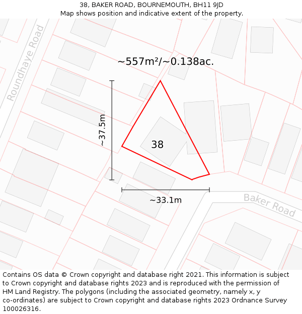 38, BAKER ROAD, BOURNEMOUTH, BH11 9JD: Plot and title map