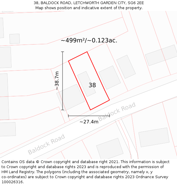 38, BALDOCK ROAD, LETCHWORTH GARDEN CITY, SG6 2EE: Plot and title map