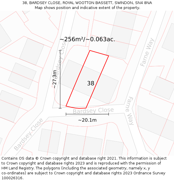 38, BARDSEY CLOSE, ROYAL WOOTTON BASSETT, SWINDON, SN4 8NA: Plot and title map