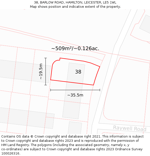 38, BARLOW ROAD, HAMILTON, LEICESTER, LE5 1WL: Plot and title map
