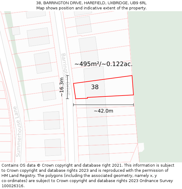 38, BARRINGTON DRIVE, HAREFIELD, UXBRIDGE, UB9 6RL: Plot and title map
