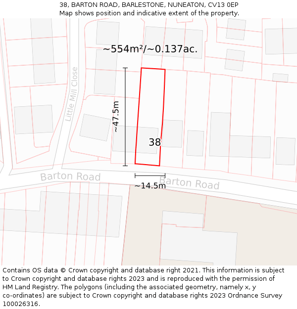 38, BARTON ROAD, BARLESTONE, NUNEATON, CV13 0EP: Plot and title map