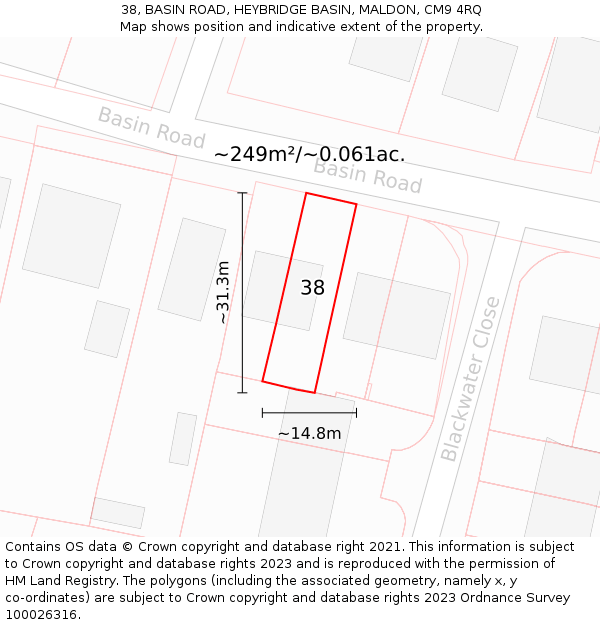 38, BASIN ROAD, HEYBRIDGE BASIN, MALDON, CM9 4RQ: Plot and title map