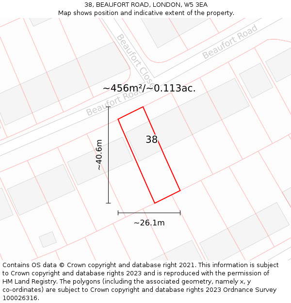 38, BEAUFORT ROAD, LONDON, W5 3EA: Plot and title map