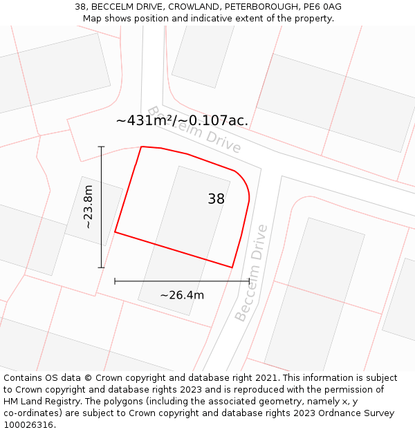 38, BECCELM DRIVE, CROWLAND, PETERBOROUGH, PE6 0AG: Plot and title map