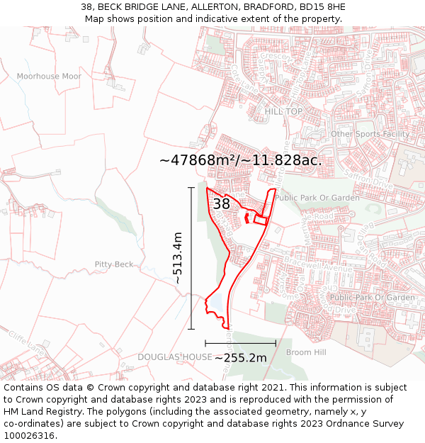 38, BECK BRIDGE LANE, ALLERTON, BRADFORD, BD15 8HE: Plot and title map