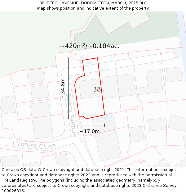 38, BEECH AVENUE, DODDINGTON, MARCH, PE15 0LG: Plot and title map