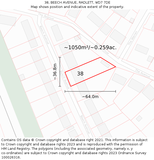 38, BEECH AVENUE, RADLETT, WD7 7DE: Plot and title map