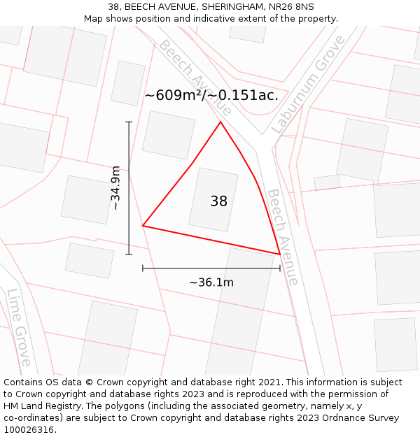 38, BEECH AVENUE, SHERINGHAM, NR26 8NS: Plot and title map