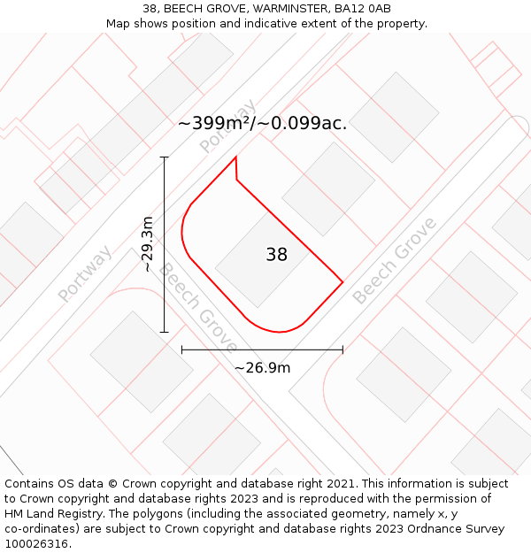 38, BEECH GROVE, WARMINSTER, BA12 0AB: Plot and title map