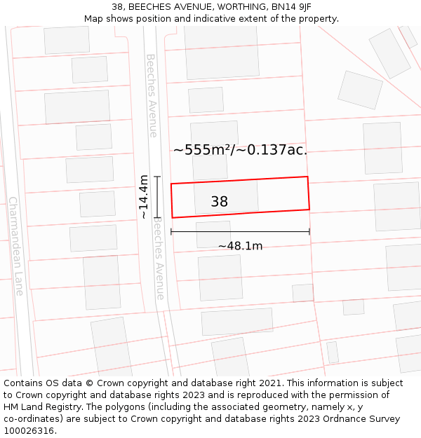 38, BEECHES AVENUE, WORTHING, BN14 9JF: Plot and title map
