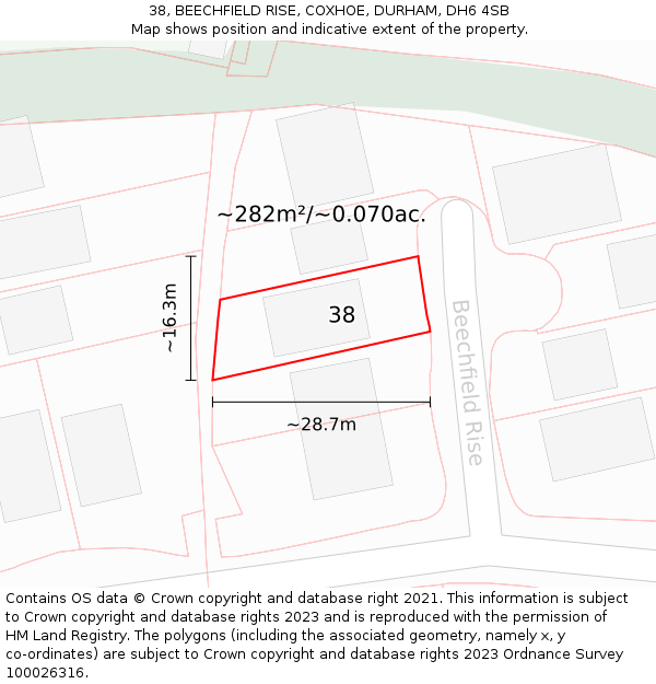 38, BEECHFIELD RISE, COXHOE, DURHAM, DH6 4SB: Plot and title map