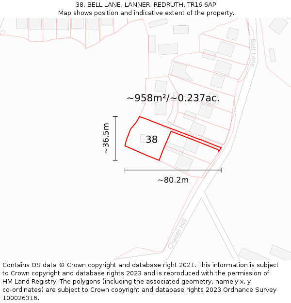 38, BELL LANE, LANNER, REDRUTH, TR16 6AP: Plot and title map