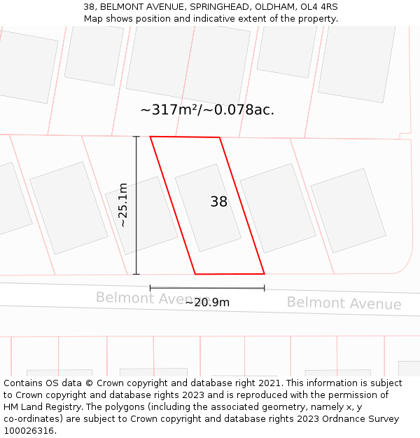 38, BELMONT AVENUE, SPRINGHEAD, OLDHAM, OL4 4RS: Plot and title map