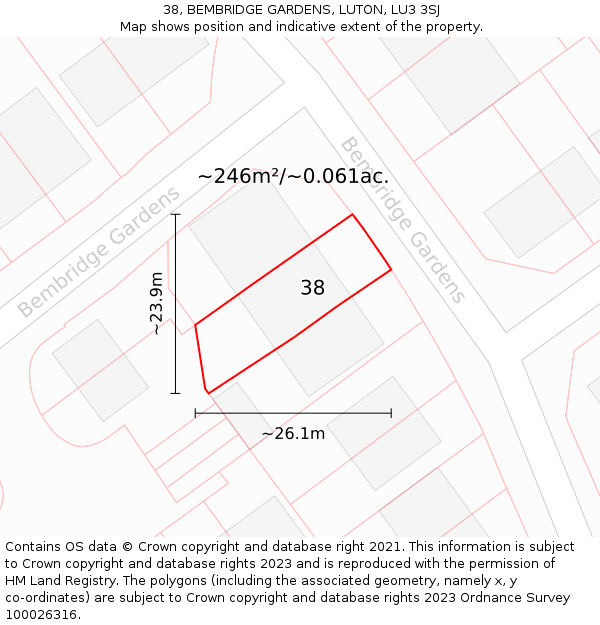 38, BEMBRIDGE GARDENS, LUTON, LU3 3SJ: Plot and title map