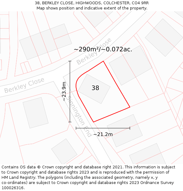 38, BERKLEY CLOSE, HIGHWOODS, COLCHESTER, CO4 9RR: Plot and title map