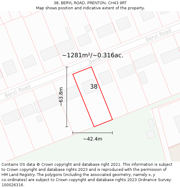 38, BERYL ROAD, PRENTON, CH43 9RT: Plot and title map