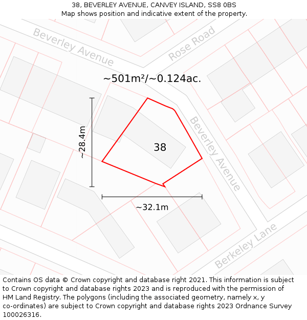 38, BEVERLEY AVENUE, CANVEY ISLAND, SS8 0BS: Plot and title map