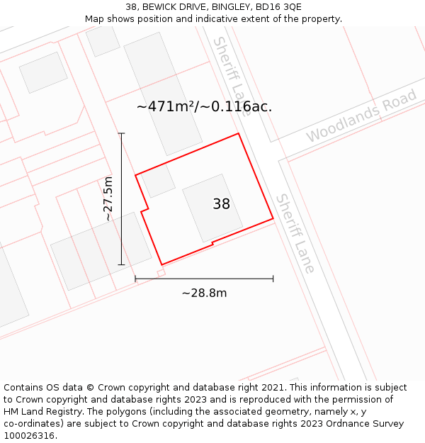 38, BEWICK DRIVE, BINGLEY, BD16 3QE: Plot and title map