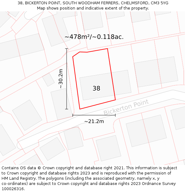 38, BICKERTON POINT, SOUTH WOODHAM FERRERS, CHELMSFORD, CM3 5YG: Plot and title map