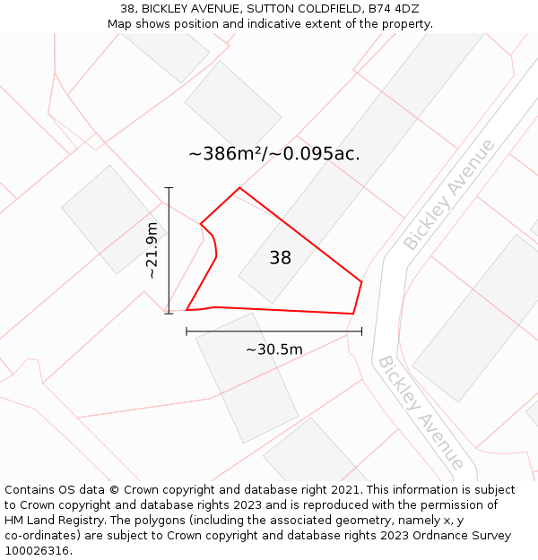 38, BICKLEY AVENUE, SUTTON COLDFIELD, B74 4DZ: Plot and title map