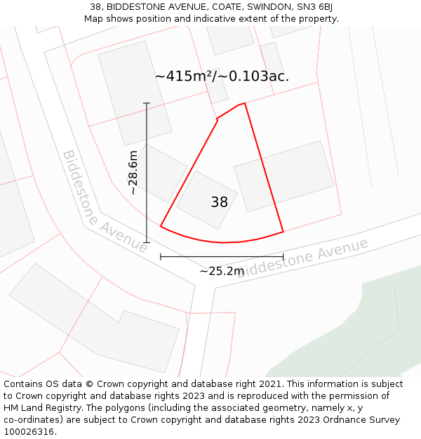38, BIDDESTONE AVENUE, COATE, SWINDON, SN3 6BJ: Plot and title map