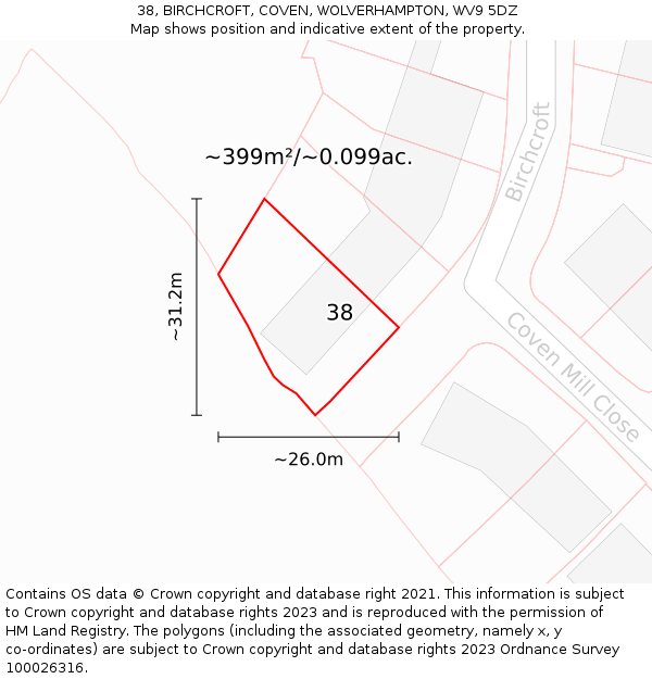 38, BIRCHCROFT, COVEN, WOLVERHAMPTON, WV9 5DZ: Plot and title map