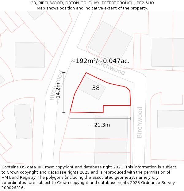 38, BIRCHWOOD, ORTON GOLDHAY, PETERBOROUGH, PE2 5UQ: Plot and title map