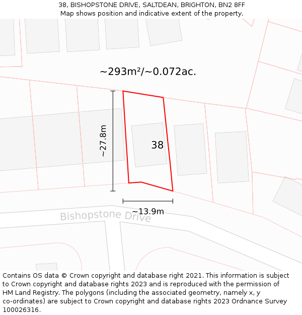 38, BISHOPSTONE DRIVE, SALTDEAN, BRIGHTON, BN2 8FF: Plot and title map