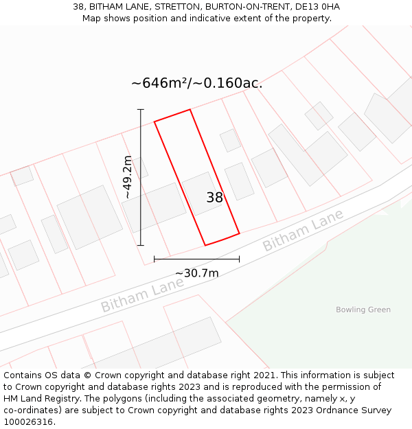 38, BITHAM LANE, STRETTON, BURTON-ON-TRENT, DE13 0HA: Plot and title map